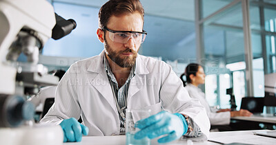 Buy stock photo Scientist, man and chemical with microscope for research, breakthrough or medical analysis. Biotech, laboratory and beaker with DNA for pharmaceutical RNA study or chemistry experiment project