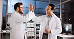Scientist, men and high five with success at laboratory, smile and goals with medical research, cheers and breakthrough. People, partnership and happy with celebration, innovation and cure for virus