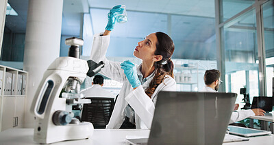 Buy stock photo Scientist, woman and chemical with laptop for beaker, breakthrough or medical notes analysis. Biotech, laboratory and microscope with DNA for pharmaceutical RNA study or chemistry experiment project