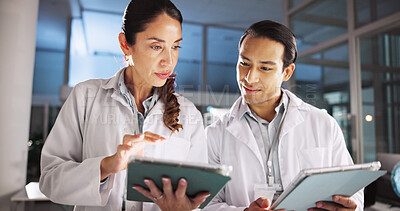 Buy stock photo People, scientist and meeting on tablet in lab research, medical investigation and pharmaceutical report. Staff, digital and team planning with biology study, information and innovation for neurology