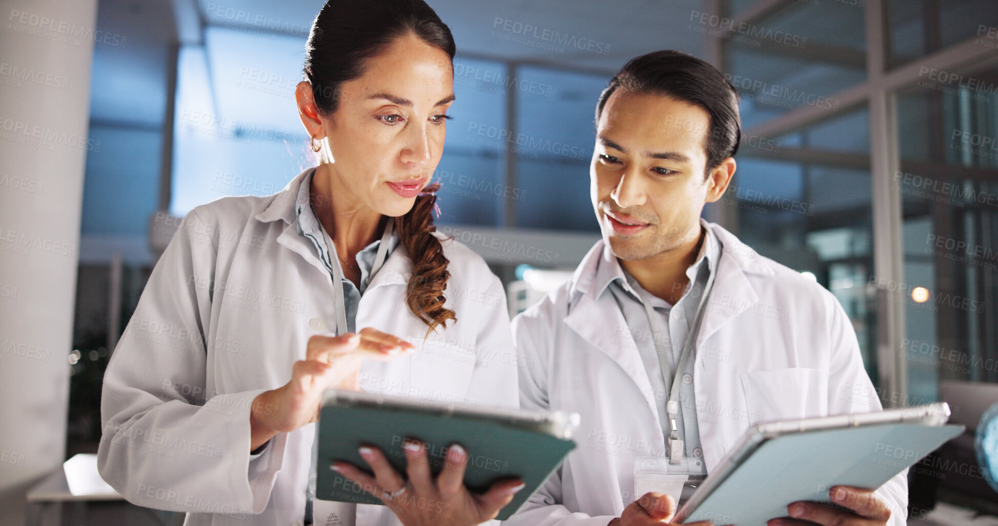 Buy stock photo People, scientist and meeting on tablet in lab research, medical investigation and pharmaceutical report. Staff, digital and team planning with biology study, information and innovation for neurology