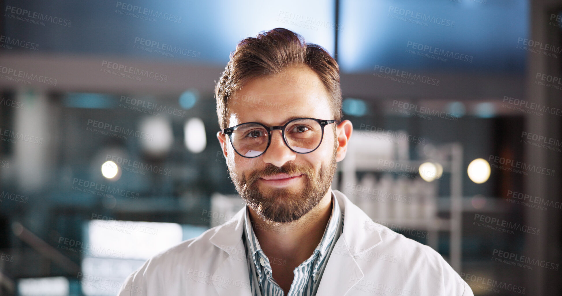 Buy stock photo Portrait, research and man in lab, science and glasses with career ambition, pride and confidence. Face, person and employee in workplace, scientist and eyewear with chemistry for vaccine development