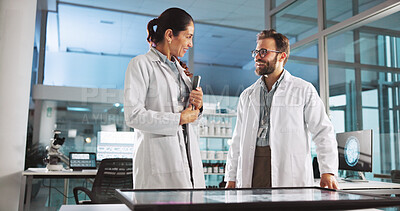 Buy stock photo Scientist, people and discussion with tablet for review, medical research or innovation. Computer table, interactive display and clinical biotech partnership for science, teamwork study or results