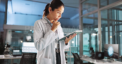 Buy stock photo Thinking, tablet and science with woman in laboratory for clinical trail, reflection and research. Medical journal report,  vision and pharmacy drug development with person for healthcare and idea