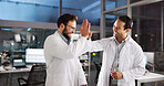 Scientist, men and high five with celebration at laboratory, smile and goals with medical research, cheers and breakthrough. People, partnership and happy with success, innovation and cure for virus