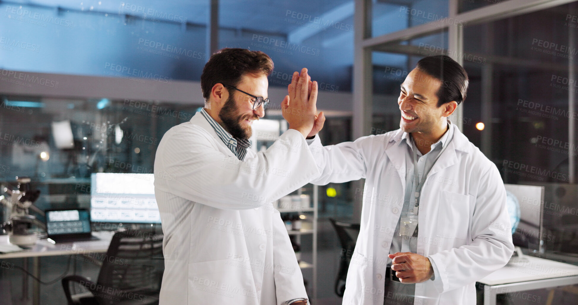Buy stock photo Scientist, men and high five with celebration at laboratory, smile and goals with medical research, cheers and breakthrough. People, partnership and happy with success, innovation and cure for virus