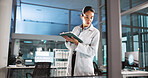 Tablet, woman and scientist in laboratory in research for medical study, project or report. Science, technology and female biologist with pharmaceutical innovation for healthcare investigation.