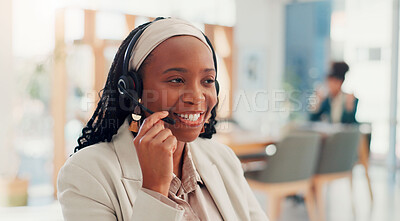 Buy stock photo Headset, businesswoman or consulting for customer service, telemarketing sales or support. Call center, consultant or virtual assistant talking with smile or mic for feedback, help or communication