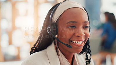 Buy stock photo Smile, businesswoman or consulting for customer service, telemarketing sales or support. Call center, consultant or virtual assistant on computer with mic headset for feedback, help or communication