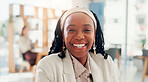 Portrait, business and woman in office, smile and confidence with ad agency, creativity and pride. African person, employee and sales consultant in workplace, skills growth and project management