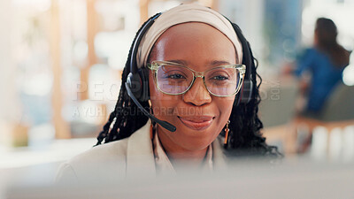 Buy stock photo Consultant, businesswoman or smile for customer service, sales consulting or loan advice. Call center, financial advisor or finance help on computer with headset for feedback, CRM or communication