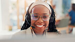 Happy woman, call center or communication with headset for customer service or virtual assistance at office. Female person, face or consultant agent with smile for telemarketing, CRM or remote advice