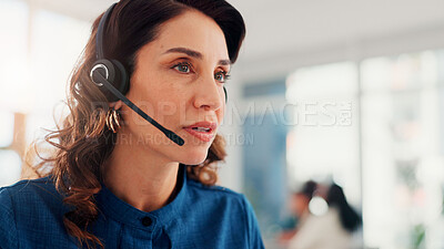 Buy stock photo Business woman, call center and online communication with headset for virtual assistance or help at office. Female person, consultant or agent with mic for remote advice or telemarketing at workplace