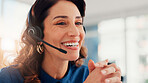 Happy woman, call center and headset with mic for online assistance or virtual communication at office. Female person, consultant or agent with smile for remote advice or telemarketing at workplace