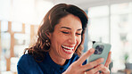 Laughing, funny or businesswoman in office with phone for online news, social media or work break. Smile, check or happy consultant with mobile app for text message, meme joke or news notification