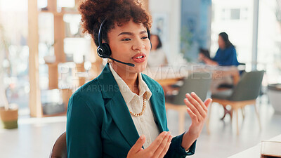 Buy stock photo Call centre, talking and woman with headset, sales and pitching service to contact for lead generation. Telemarketing, representative and person with tech for consultation, communication and internet