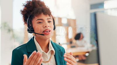 Buy stock photo Call centre, consultation and woman with headset, computer and pitching service to contact for lead generation. Telemarketing, representative and person with tech for sales, communication and office