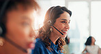 Call centre, talking and woman with headset, lead generation and pitching service to contact for sales. Telemarketing, representative and person with tech for consultation, communication and internet