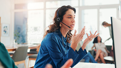 Buy stock photo Call centre, customer care and woman with headset, talking or pitching service to contact for sales. Telemarketing, online and people with tech for consultation, communication or colleagues in office