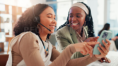 Buy stock photo Call center, women and business people in office, smartphone and smile with social media. Employees, consultants or telemarketing with cellphone, digital app and connection with email, joy or message