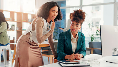 Buy stock photo Business, mentor and training woman with tablet for financial question, account system process or investment advice. Finance intern, teamwork and feedback for proposal report, sales solution and help