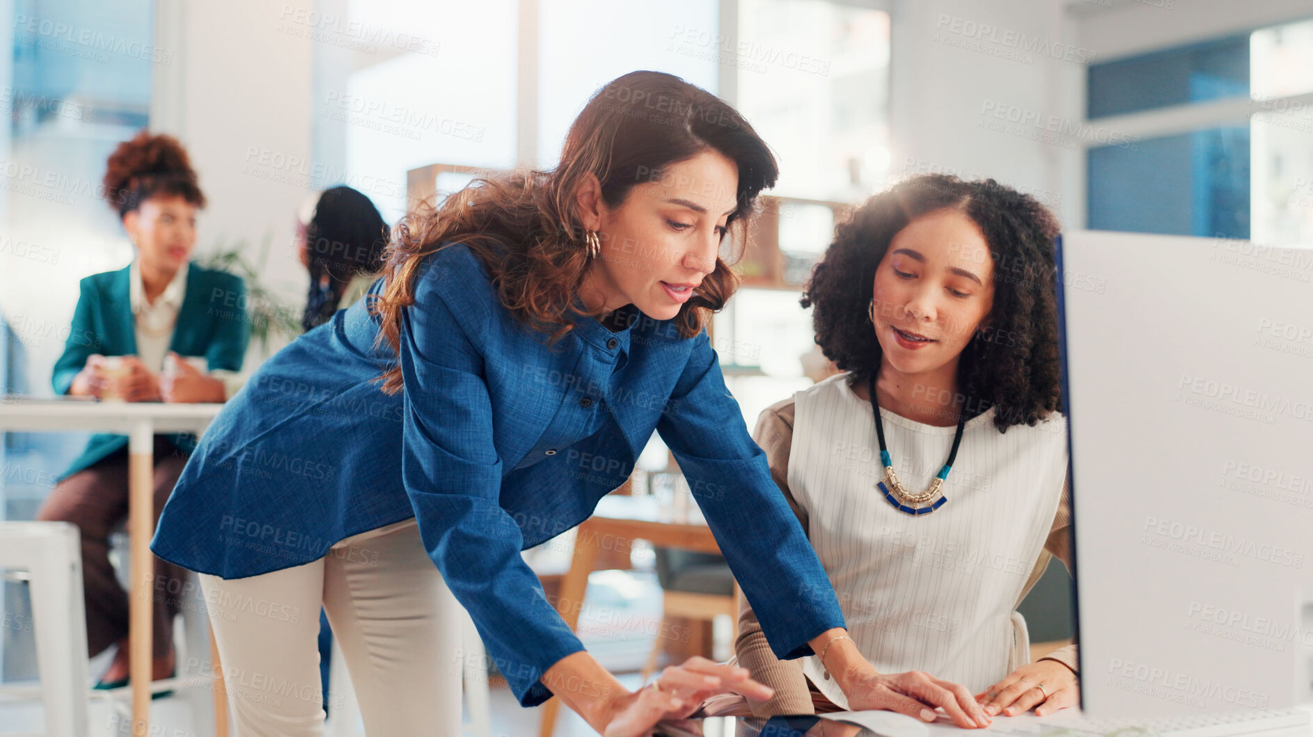 Buy stock photo Business, mentor and help woman with computer for corporate training, financial system and investment advice. Finance intern, manager and feedback for proposal report, learning process and support