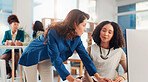 Business, mentor and training woman with computer for system process, financial account help and support. Finance intern, manager and feedback for investment report, sales proposal review or coaching