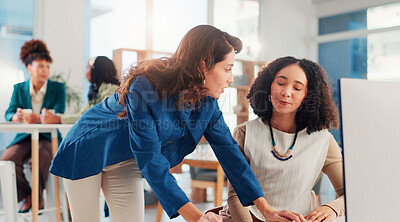 Buy stock photo Business, mentor and training woman with computer for system process, financial account help and support. Finance intern, manager and feedback for investment report, sales proposal review or coaching