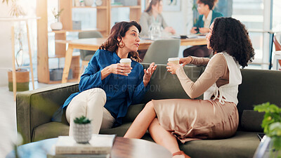 Buy stock photo Sofa, business women and discussion on coffee break for planning project and meeting. Team, talking and colleagues in company lounge for brainstorming ideas, drink and listening to story in office