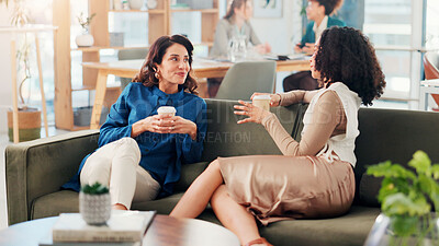 Buy stock photo Office, business women and conversation on coffee break for planning project and meeting on sofa. Team, talking and colleagues in company lounge for brainstorming ideas, smile and listening to story