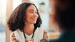 Conversation, business people and woman in office, meeting and planning for creative project. Employees, smile and sales consultant in workplace, feedback for proposal and success with company growth