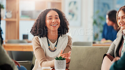 Buy stock photo Planning, business people and woman in office, meeting or brainstorming for creative project. Employees, advice or sales consultant with idea, feedback for proposal or cooperation with company growth