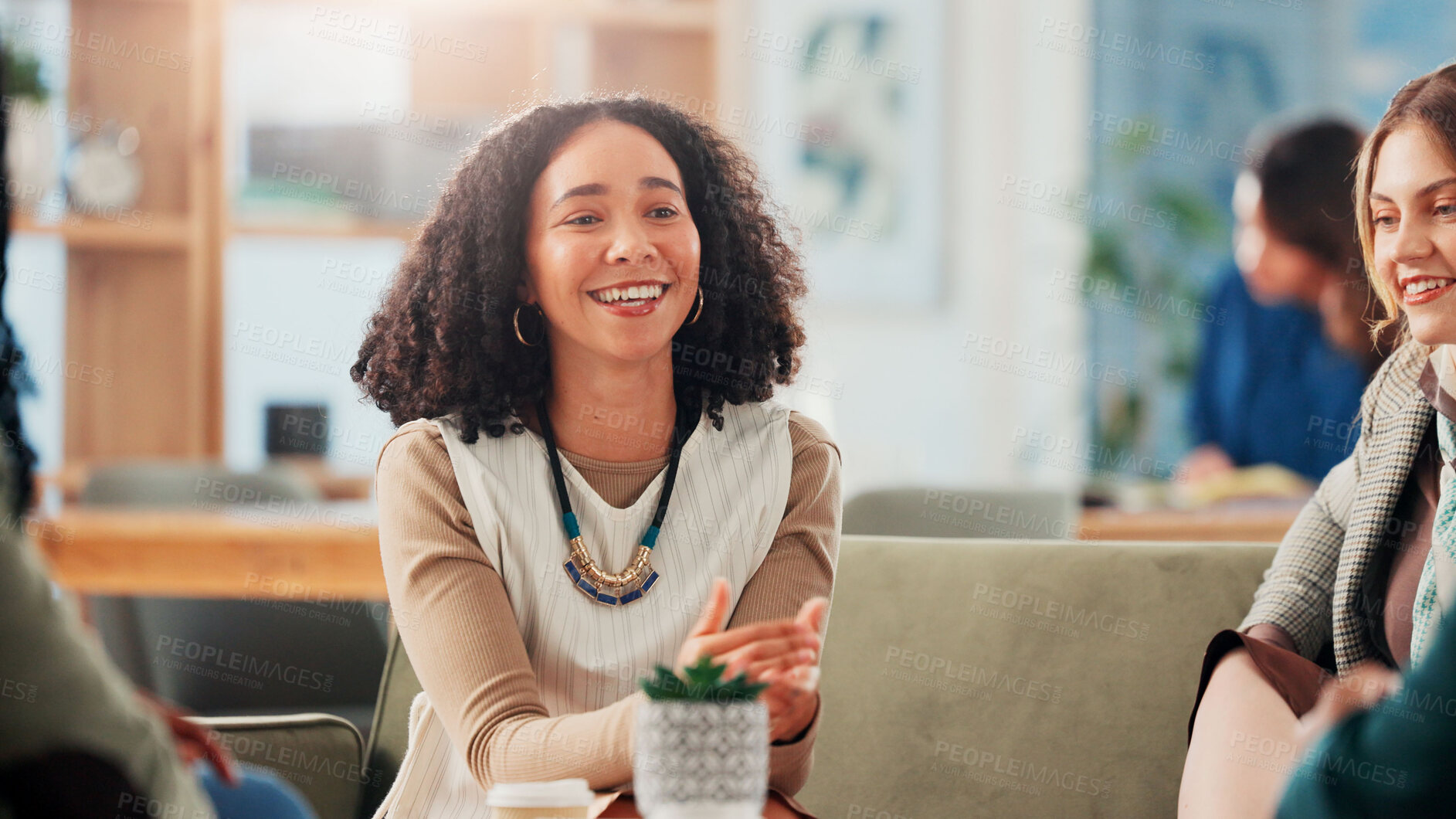 Buy stock photo Planning, business people and woman in office, meeting or brainstorming for creative project. Employees, advice or sales consultant with idea, feedback for proposal or cooperation with company growth