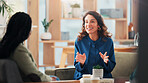 Discussion, business people and woman in office, meeting and planning for creative project. Employees, advice and sales consultant in workplace, feedback for proposal and success with brainstorming