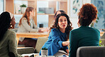 Business woman, meeting or handshake with documents for interview, CV review or job application at office. Female person, colleagues or shaking hands for agreement, deal or contract at workplace