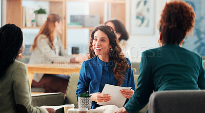 Buy stock photo Client, meeting and consulting with business people in office for feedback, team and branding advisor. Marketing agency, ad specialist and smile with group of women in creative startup for project