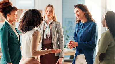 Buy stock photo Client, meeting and team with business people in office for feedback, consulting and branding advisor. Marketing agency, ad specialist and smile with group of women in creative startup for project