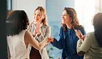 Happy women, handshake and meeting with applause for greeting, introduction or congratulations at office. Female people, colleagues or shaking hands with smile for agreement, winning or success