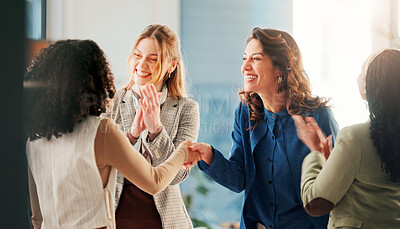 Buy stock photo Happy women, handshake and meeting with applause for greeting, introduction or congratulations at office. Female people, colleagues or shaking hands with smile for agreement, winning or success