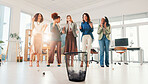Office, business people and throw paper in trash for team building game, fun competition and garbage challenge. Corporate women, excited and bonding with playing, laughing or work break for community