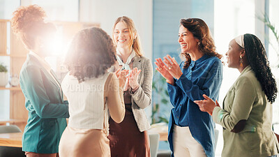 Buy stock photo Happy, business women and meeting with applause for congratulations, achievement or winning at office. Female people, group or team clapping with smile for accomplishment, completion or finished