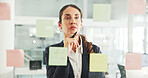 Business, glass wall and woman with creativity, thinking and planning with ideas for proposal. Mature person, decision and sales consultant in workplace, problem solving and brainstorming for project