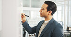 Writing, glass and man with ideas, office and info for strategy in corporate company and plan. Serious, banker and person with sticky notes for potential investment and financial growth for business