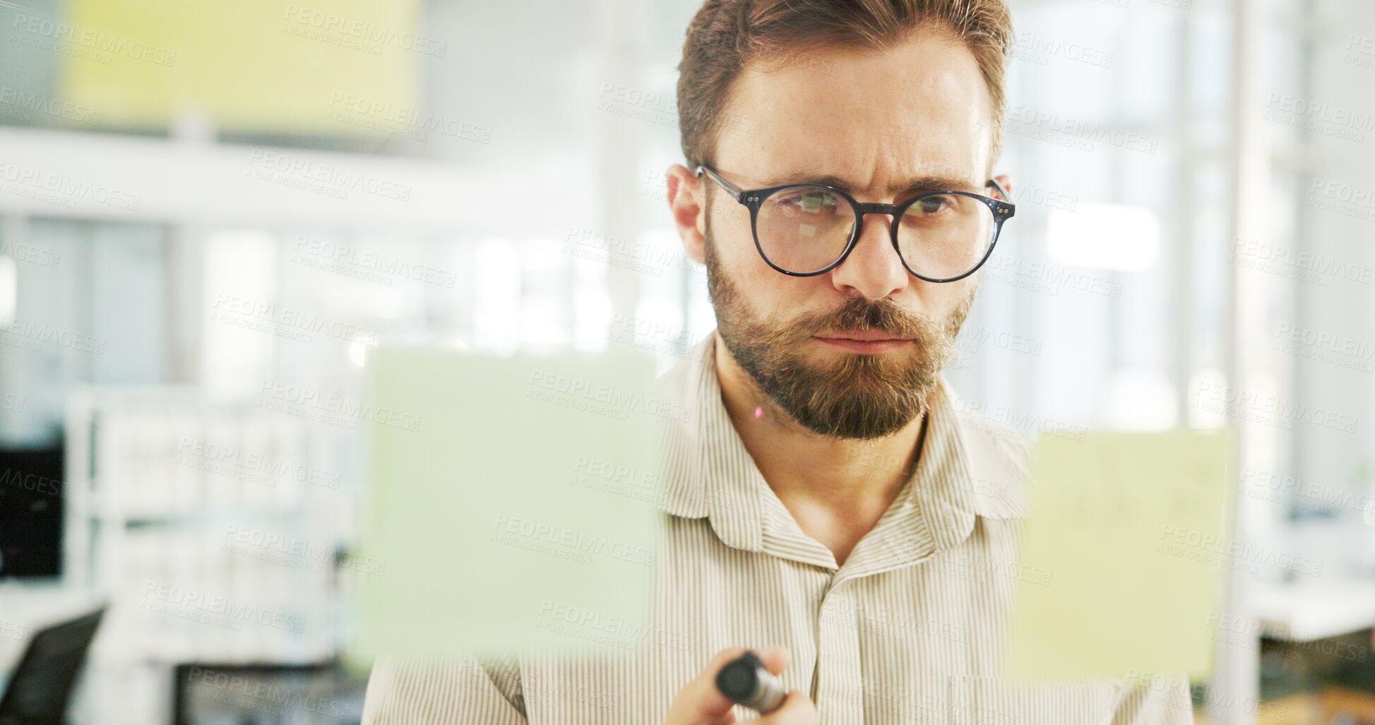 Buy stock photo Business man, sticky notes and thinking by glass wall for campaign ideas, project management or ROI solution. Marketing manager, employee or planning for advertising strategy, vision or brainstorming