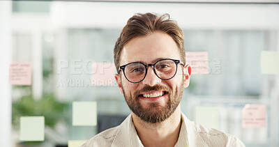 Buy stock photo Portrait, creative and smile with business man in office for schedule coordinator, appointment reminder or idea. Sticky note, calendar and project due date with person in startup agency for planning