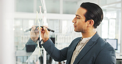 Buy stock photo Writing, sticky notes and man with ideas, serious and info for strategy in corporate company or planning. Business, banker and person with reminder for potential investment and financial growth
