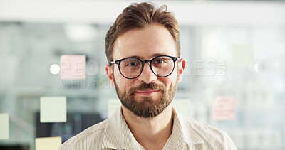 Buy stock photo Portrait, glasses and smile with business man in office for schedule coordinator, appointment reminder or idea. Sticky note, calendar and project due date with person in creative startup for planning