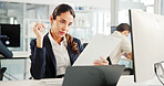 Laptop, review or businesswoman with paperwork for research, financial news or profit evaluation. Budget, finance advisor or economist reading documents for revenue growth, payroll and investment