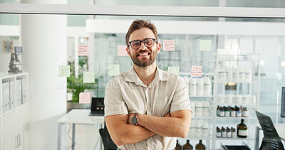 Buy stock photo Arms crossed, glasses and portrait with business man in office for cosmetic formulation, chemical tester and idea. Sticky note, product developer and safety specialist with person in beauty lab
