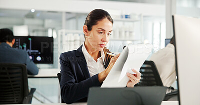 Buy stock photo Financial, writing or businesswoman with paperwork for research, economy or profit evaluation. Budget, finance advisor or economist with documents for revenue growth, payroll or investment report